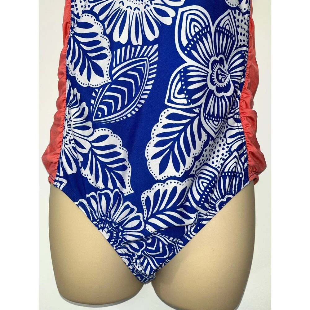 Cleanwater Blue & White Floral One-Piece Swimsuit ~ Size L